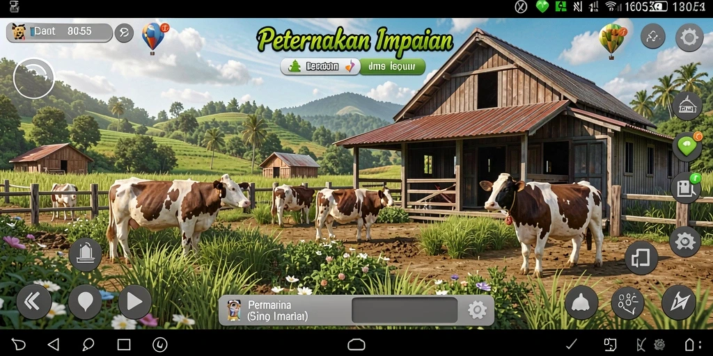 Screenshot gameplay 8055 menunjukkan peternakan yang subur dan aktivitas pertanian yang seru.