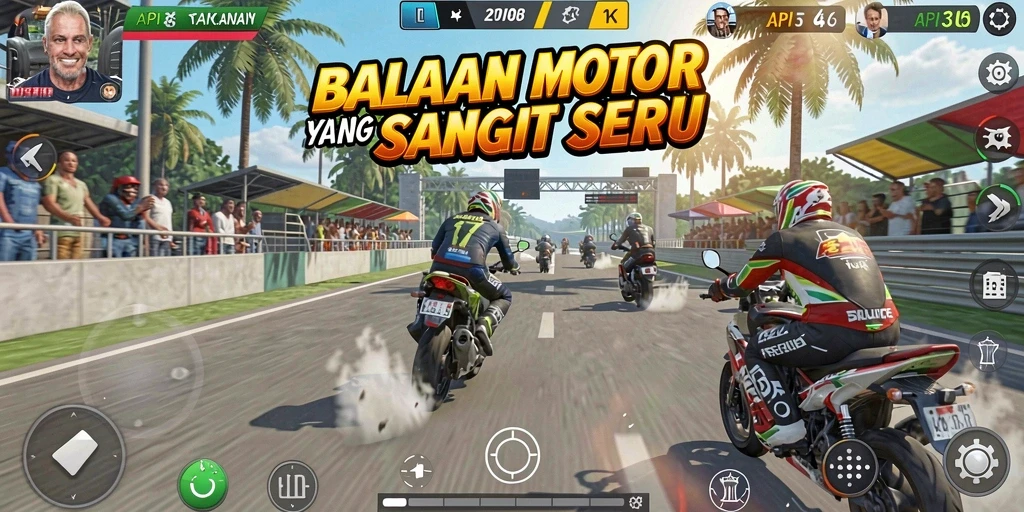 Tangkapan layar utama API36 menunjukkan aksi balap motor yang menegangkan.