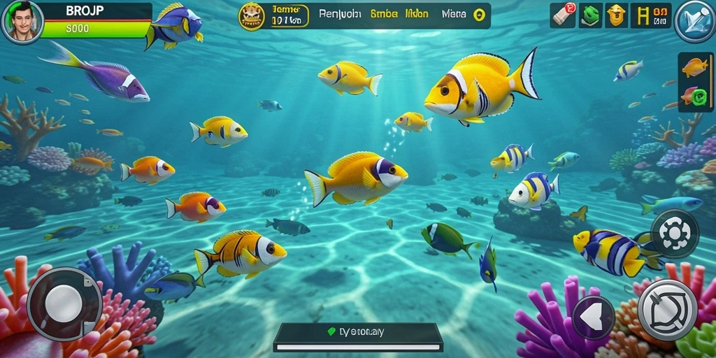 Screenshot gameplay BROJP yang menunjukkan aksi menangkap ikan.