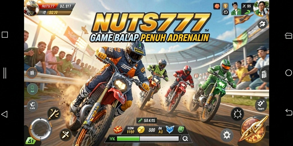 Screenshot NUTS777 menunjukkan balapan yang seru di trek yang menantang.