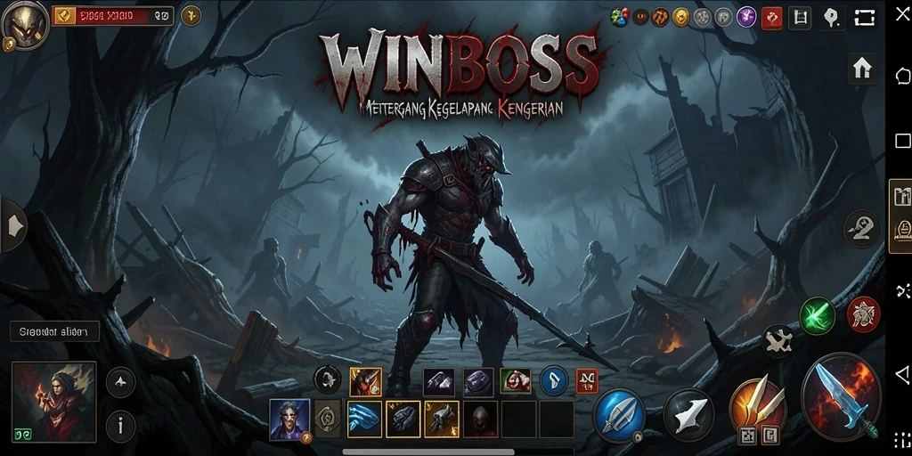 Tangkapan layar dari gameplay <strong>WINBOSS</strong> yang menunjukkan suasana menyeramkan dengan makhluk mengintai.
